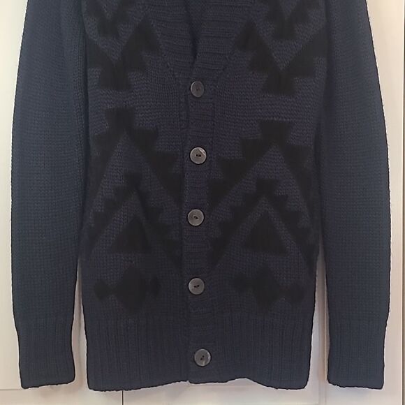 Mara Hoffman Wool Leather Appliqué Button Front Cardigan Sweater Navy Black Sz S - Picture 5 of 13